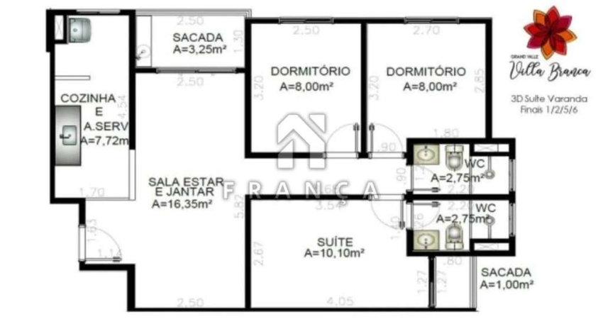 APARTAMENTO COM 3 DORMITÓRIOS SENDO 1 SUÍTE - VILLA BRANCA - JACAREÍ