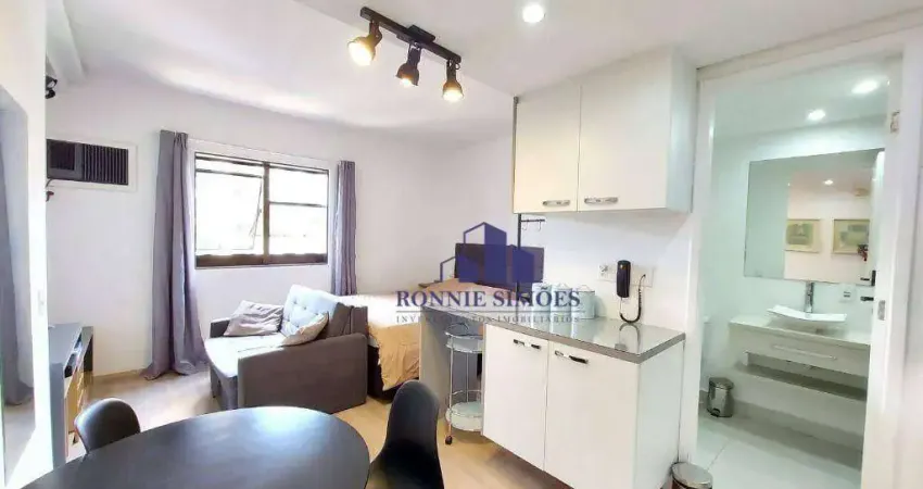 Flat mobiliado para alugar e vender, 24 m², moema, edifício qii, av. ibijaú, 1 dormitório, cozinha, 1 wc com box, 1 vaga, próximo do metrô e shopping