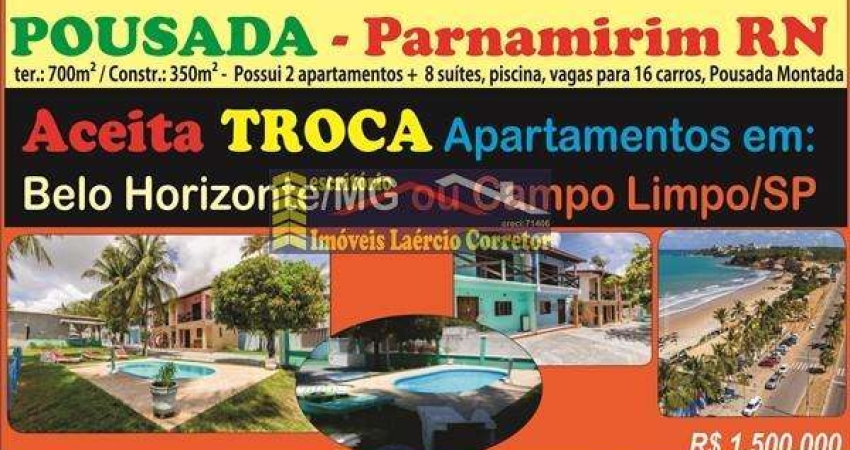 Pousada Venda bairro Cotovelo (Distrito Litoral), em Parnamirim / RN.  8 suítes, possui 9 banheiros, 17 vagas de garagem, encontra-se mobiliado, aceita permuta