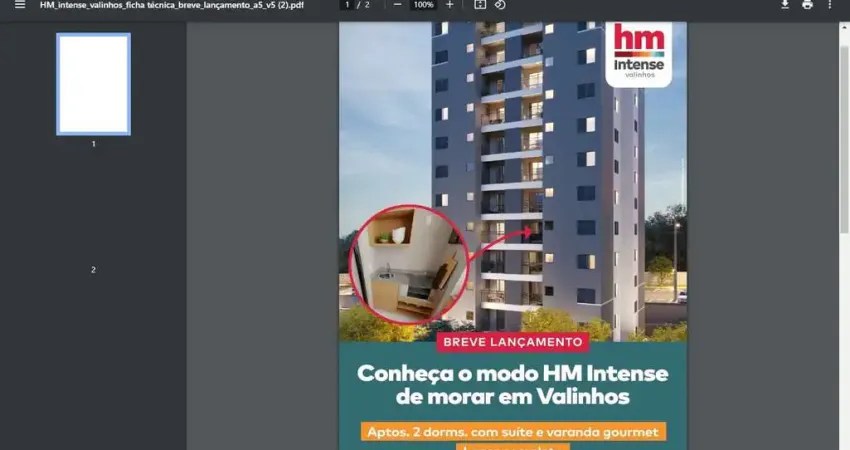 HM Intense Aptos 53,79m2 2 Dorms 1 Suíte, Sala, Cozinha, Banheiro, Varanda Gourmet, Lazer completo