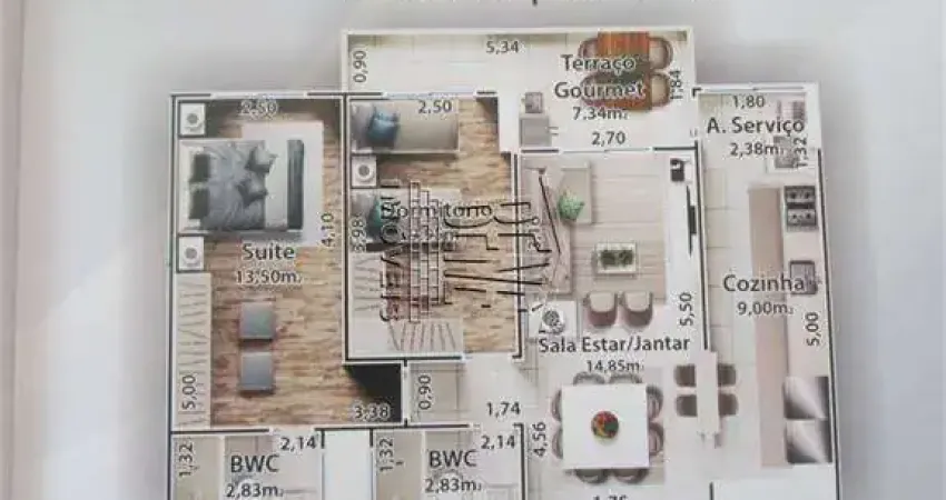 Apartamento com 2 dormitorios, sendo um suite, sala com sacada gourmet.