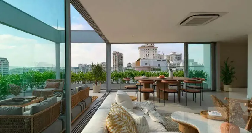 Cobertura iluminada em área nobre de higienópolis com 3 dormitórios e 2 vagas, vista privilegiada.