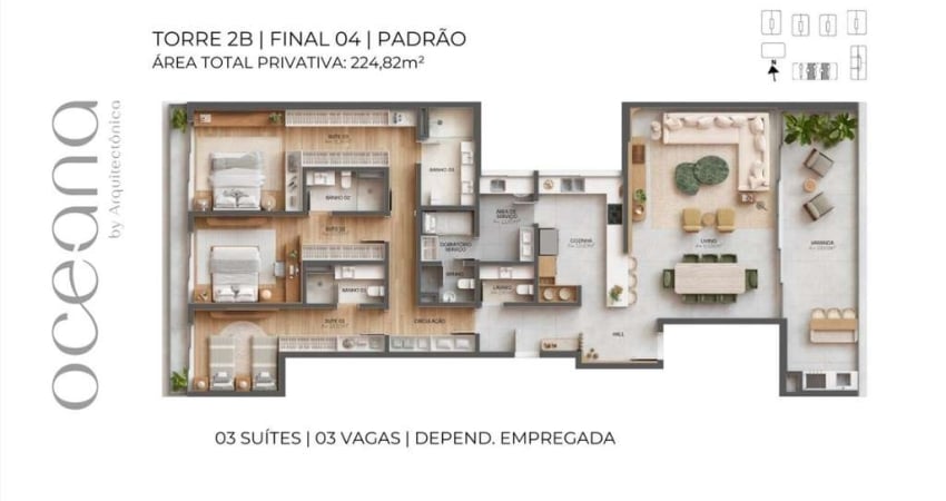 Apartamento de 224,78m² com 3 suítes em Jurerê