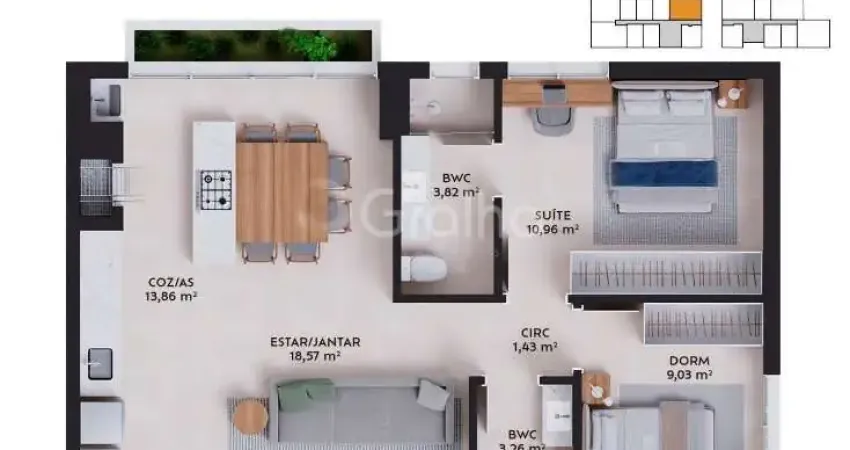Apartamento de 71m² com 2 quartos sendo 1 suíte na pedra branca