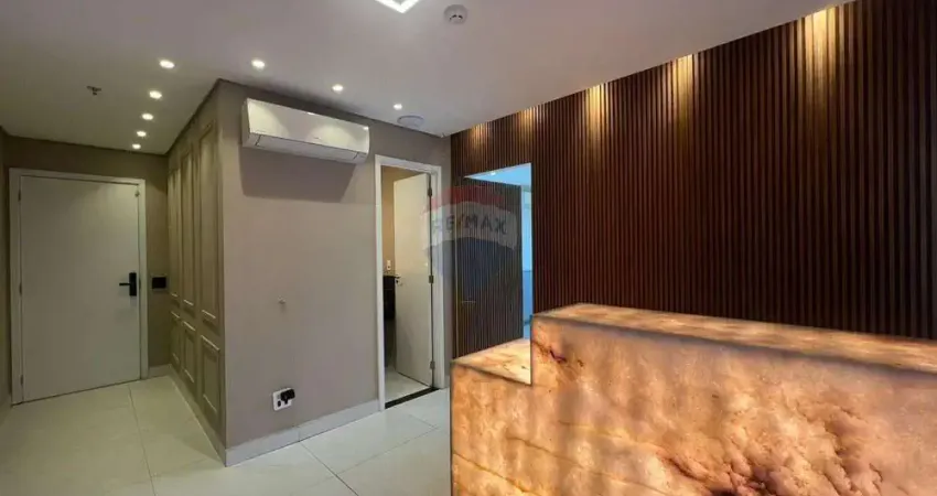 Sala comercial de 38,50 m² pronta para locação, com otima localização, mobiliada, recepção, sala de atendimento, ar condicionado e sacada.