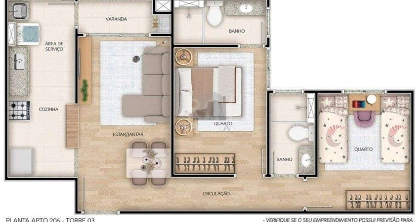 Apartamento para Venda - 56.77m², 2 dormitórios, sendo 1 suites, 1 vaga - Camaqu