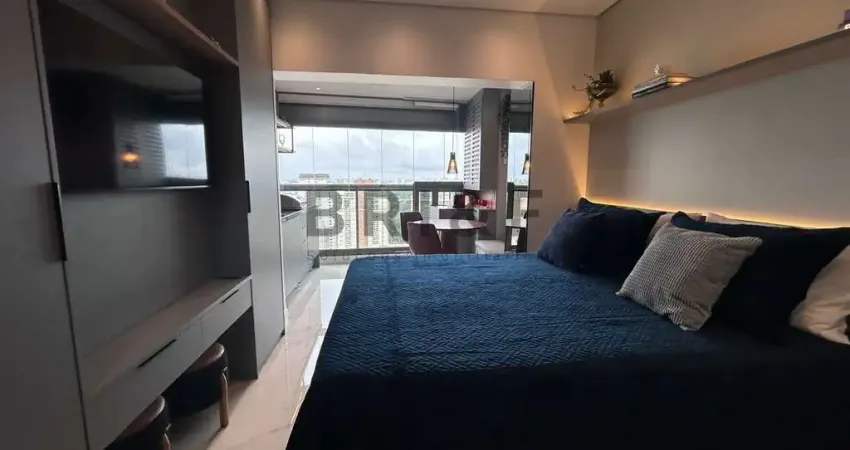 Lindo studio para locação mobiliado no Brooklin, churrasqueira elétrica na varanda e vaga de moto