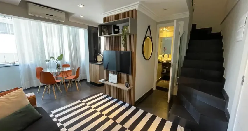 Duplex 47m² a venda | mobiliado | varanda | lavabo | 1 suíte | 1 vaga c/ manobrista e portaria 24h