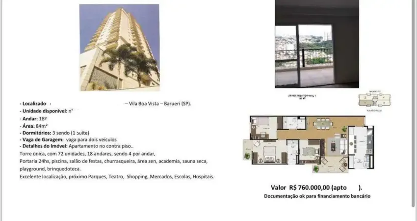 Apartamento para Venda - R$ 760.000,00 - 3 dormitórios sendo 1 suíte - Vila Boa Vista - Barueri/SP.