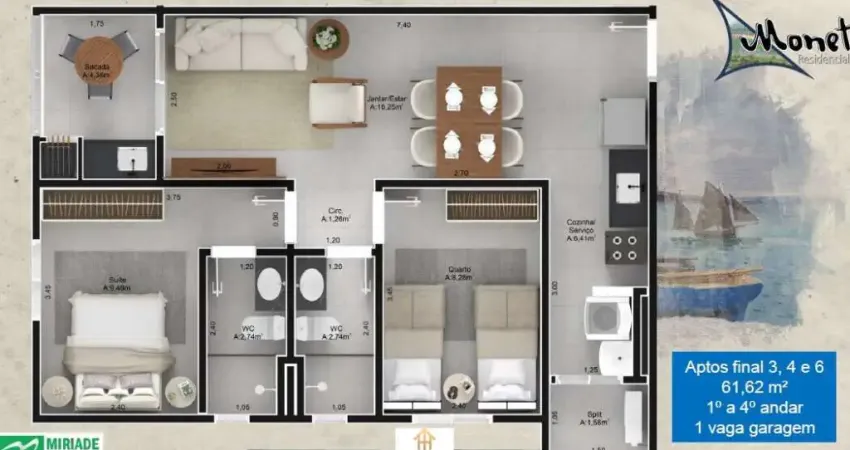 Unidade 1º Andar - 2dorm/1suíte -61,86m² - Centro - Ubatuba-SP