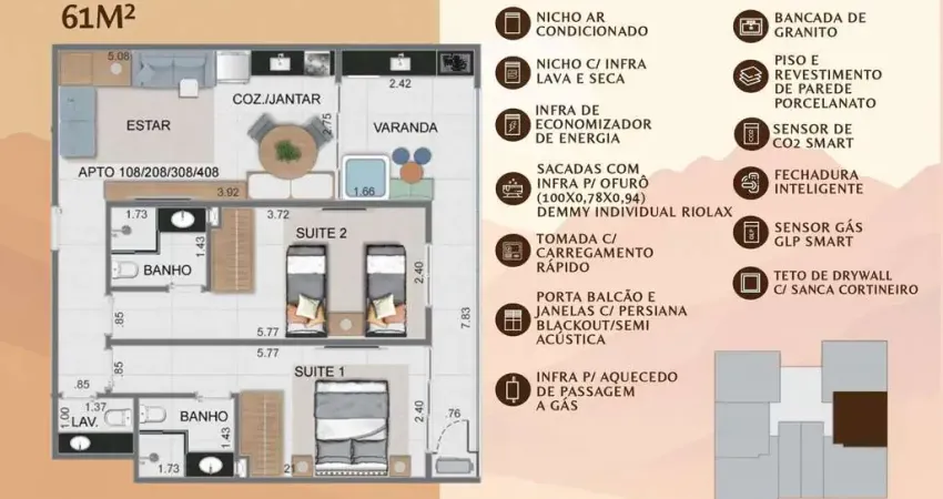 Apto 2 dorm/2suítes- 61,00m² - Tenório - Ubatuba-SP