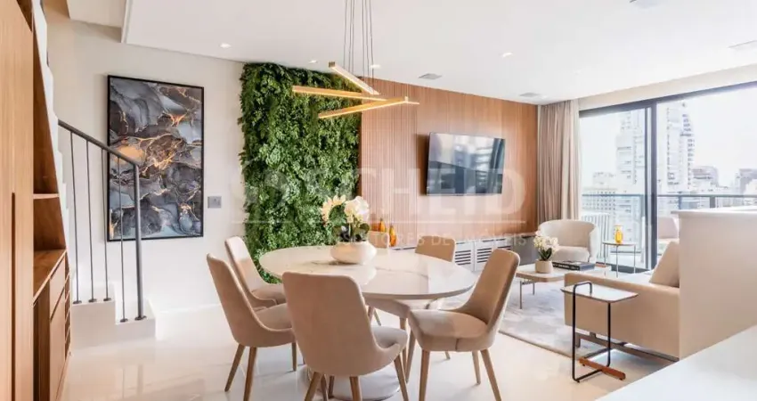 Duplex com 2 suítes, mobiliada e decorada no conceito minimalista, trazendo metais dourados e tapeça