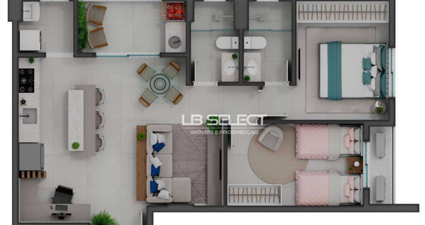 Apartamento com dois quartos, suíte e varanda gourmet.