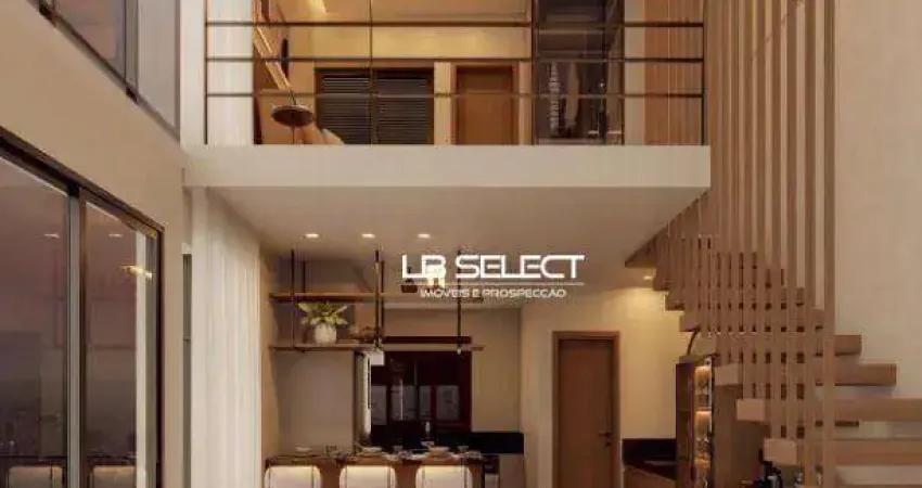 Loft com mezanino com quarto, banheiro, varanda gourmet e uma vaga de garagem.