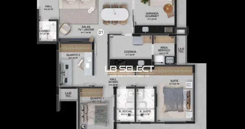 Apartamento com três quartos, uma suite, sala em dois ambientes, varanda gourmet e duas vagas de garagem.