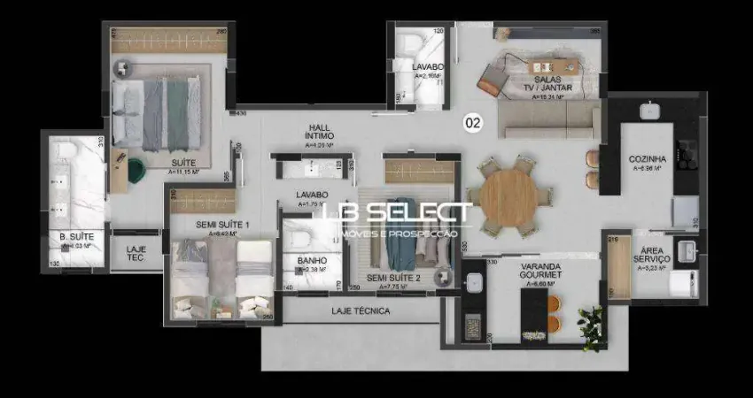 Apartamento com dois quartos, duas suites, sala em dois ambientes e varanda gourmet.