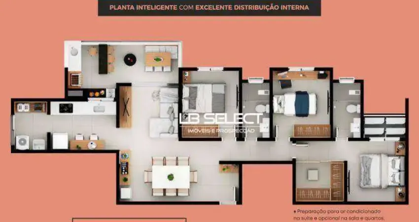 Apartamento com três quartos, duas suites, varanda gourmet com churasqueira.