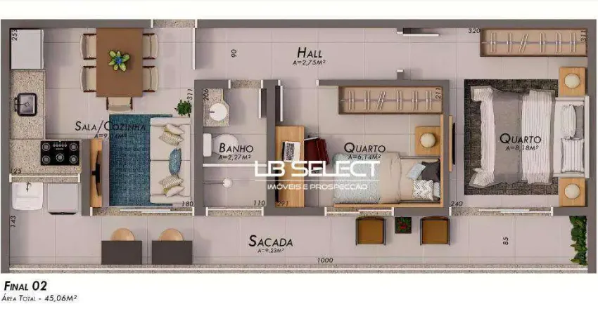 Apartamento no bairro Umuarama com dois quartos, sala com sacada e uma vaga de garagem.