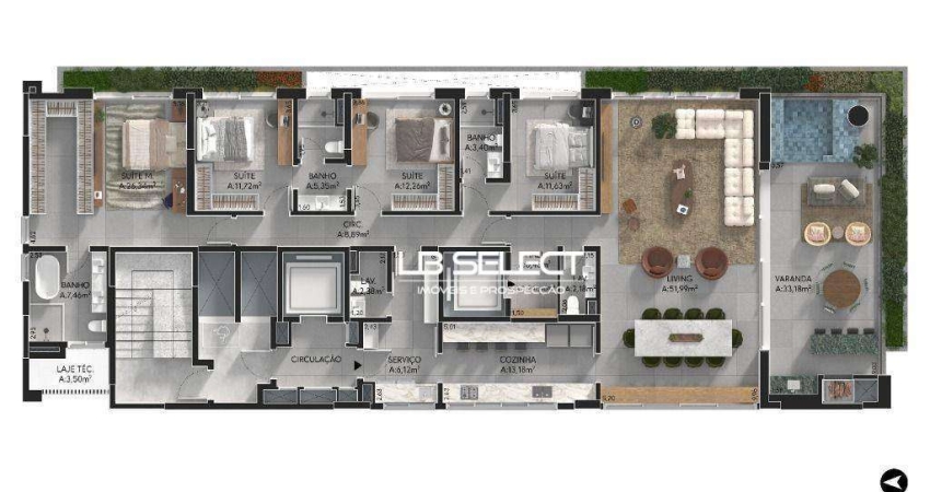 Apartamento no Parque Una com quatro suítes e varanda com piscina e churrasqueira.