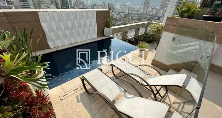 Cobertura com 4 quartos e 2 suítes na pompéia, santos-sp: 323m², 3 salas, 6 banheiros e 3 vagas de garagem.