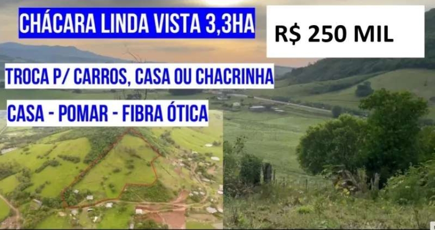 [124876]  CHÁCARA 3,3HA CASA  POMAR FIBRA ÓTICA LINDA VISTA TROCA POR CARROS,  CASA NA CIDADE OU CHACRINHA