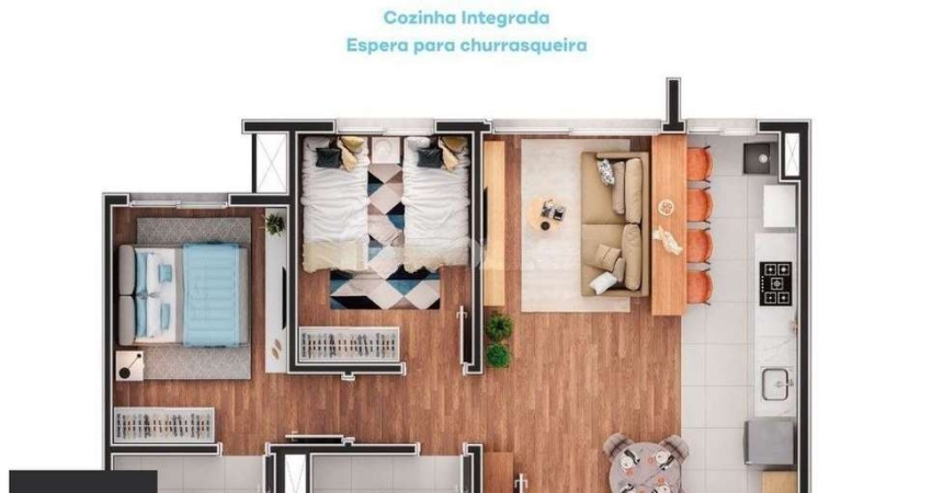 Apartamento de 2 dormitórios, suíte e espera para churrasqueira ou lareira.
