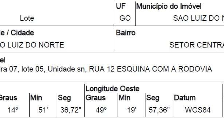 Oportunidade Única em SAO LUIZ DO NORTE - GO | Tipo: Terreno | Negociação: Venda Direta Online  | Situação: Imóvel