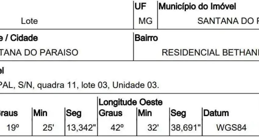 Oportunidade única em santana do paraiso - mg | tipo: terreno | negociação: licitação aberta | situação: imóvel