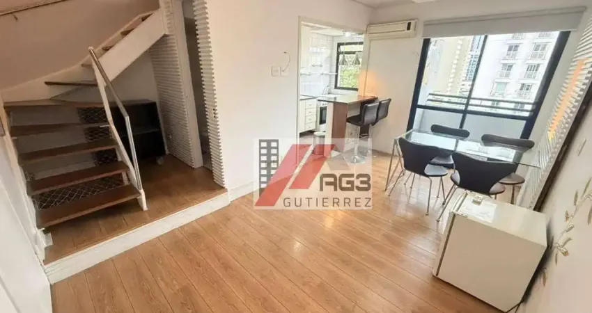 Apartamento duplex mobiliado com 1 suíte, varanda, ar-condicionado, vaga coberta e lazer em Pinheiros
