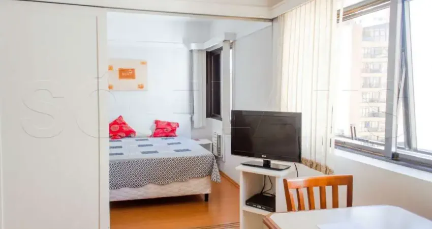 Flat mobiliado 31m² no Itaim Bibi, suíte e vaga, New Citi na Pedroso Alvarenga
