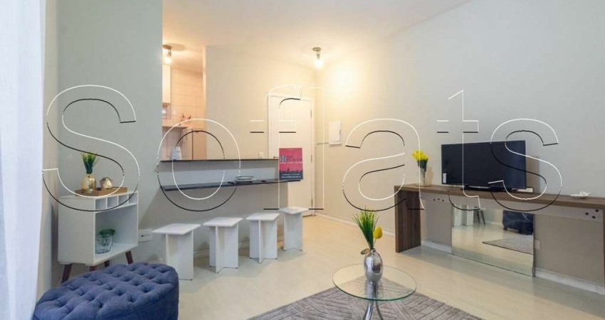 Flat mobiliado disponível para locação no Liberty Plaza com 60 m², 1 dormitório e 1 vaga de garagem.