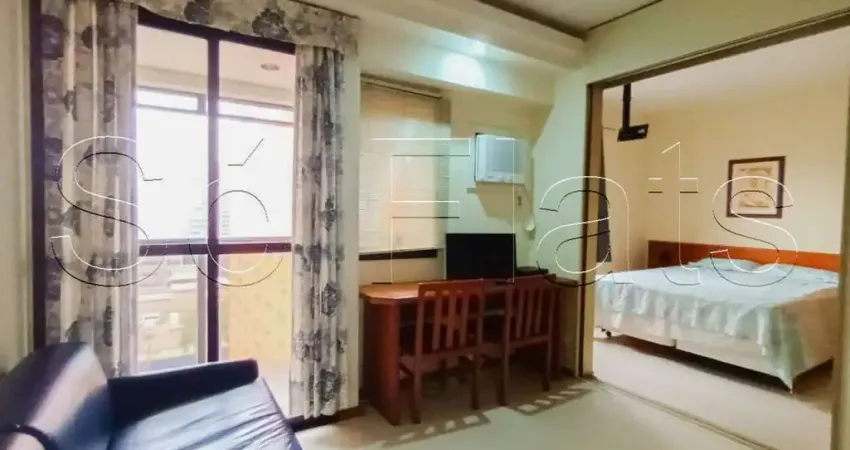 Flat no q.i totalmente mobiliado em moema com 37m², 1 dorm e 1 vaga, disponível para locação.