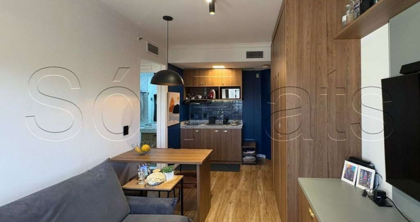 Flat na Vila Olímpia com 1x dormitório com sala e quarto em ambientes distintos com 34m².