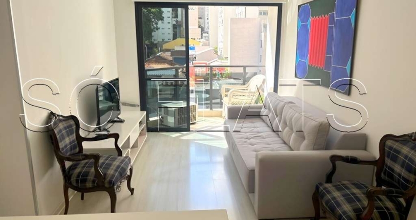 Flat totalmente mobiliado disponível para locação com 45m², 1 dormitório e 1 vaga.