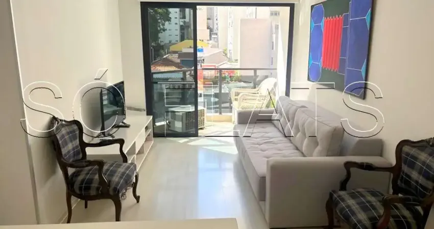 Apto totalmente mobiliado disponível para locação com 45m², 1 dormitório e 1 vaga.