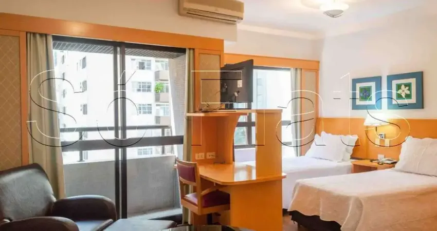 Flat mobiliado no Jardim Paulista, 29m² com vaga, a 300m da Avenida Paulista