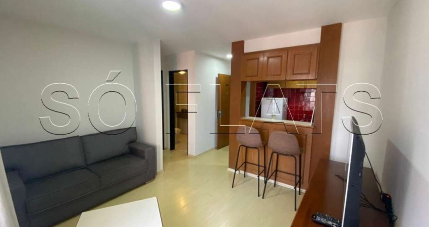 Flat mobiliado com 42m² com quarto, sala, cozinha completa e banheiro, a 200 m da Av. Paulista.