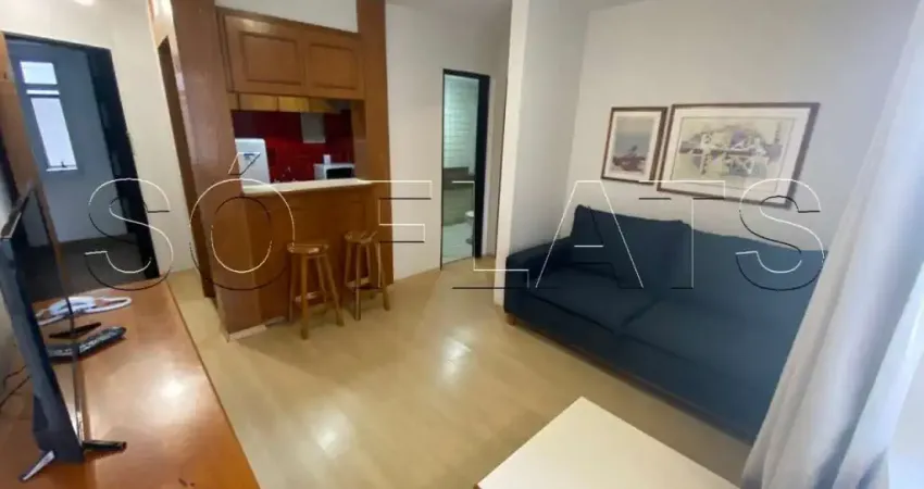 Flat mobiliado com 42m² com quarto, sala, cozinha completa e banheiro, a 200 m da Av. Paulista.