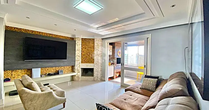 Apartamento 3 dormitórios (1 suíte), 3 vagas de garagem, sacada gourmet com churrasqueira, vista panorâmica e lareira, no bairro Vila Rosa.
