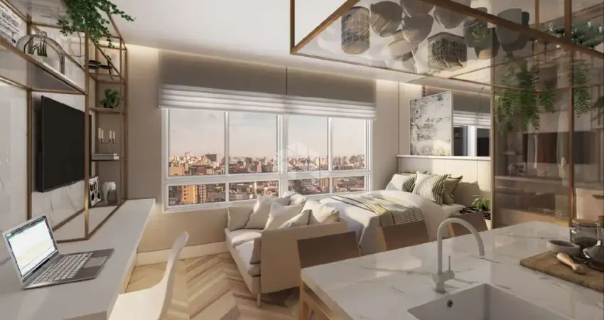 Studio com 30m² mobiliado e churrasqueira no Moinhos de Vento com vaga coberta e infra estrutura.