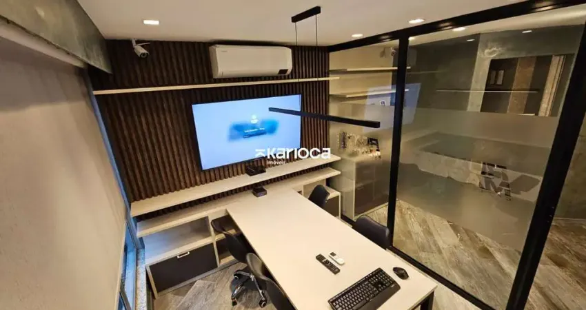 Sala comercial mobiliada de 65m² com 3 banheiros, sala de reunião de vidro, copa e vaga - pronta para uso