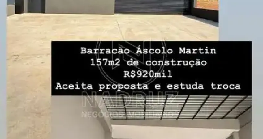 Barracão comercial à venda em ascolo martin-sp: 3 salas, 3 banheiros, 4 vagas de garagem, 157 m² de área.