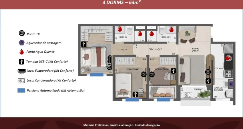Lançamento - apto de 64m² com 03 dorms sendo 01 suíte e 01 vaga - bairro fundação - scs.