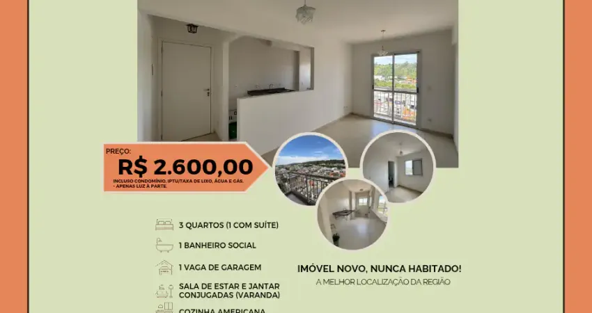 Apartamento para locação,  3 dorms, 1 suíte, sacada, 56m², 1 vaga, andar alto, Portais, Cajamar/SP