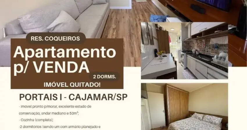 Apto para venda, pronto para morar, 2 dorms por 225 mil, 53m2, 1 vaga, quitado. confiram;