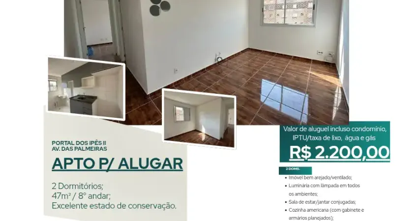 Apto para aluguel em cajamar, 2 dorms, av das palmeiras r$ 2.200,00, 8° andar, 1 vaga e 47m²
