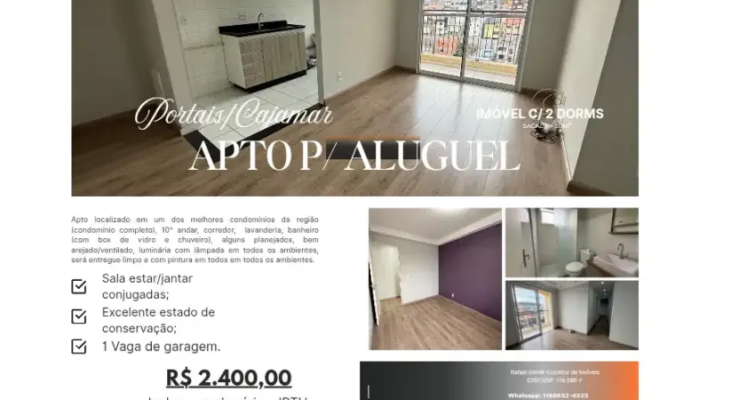 Apto para aluguel, 2 dorms, sacada, 10° andar, 50m², 1 vaga, planejados na cozinha, em cajamar, portais