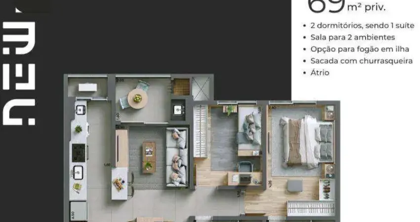 Edifício new in - apartamento 2 quartos 68 m² área privativa, sacada com churrasqueira e 1 vaga no ecoville