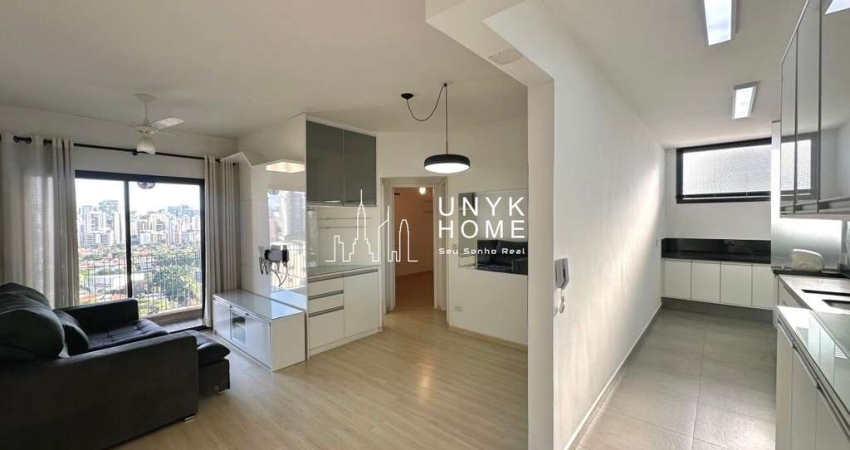 Apartamento para alugar na Vila Olímpia com 57m², 2 dormitórios, 1 vaga e varanda.