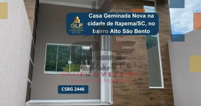 Casa geminada nova na cidade de itapema/sc, no bairro alto são bento, com 2 dormitórios sendo 1 suíte e 1 vaga de garagem, a 1.500 metros do mar